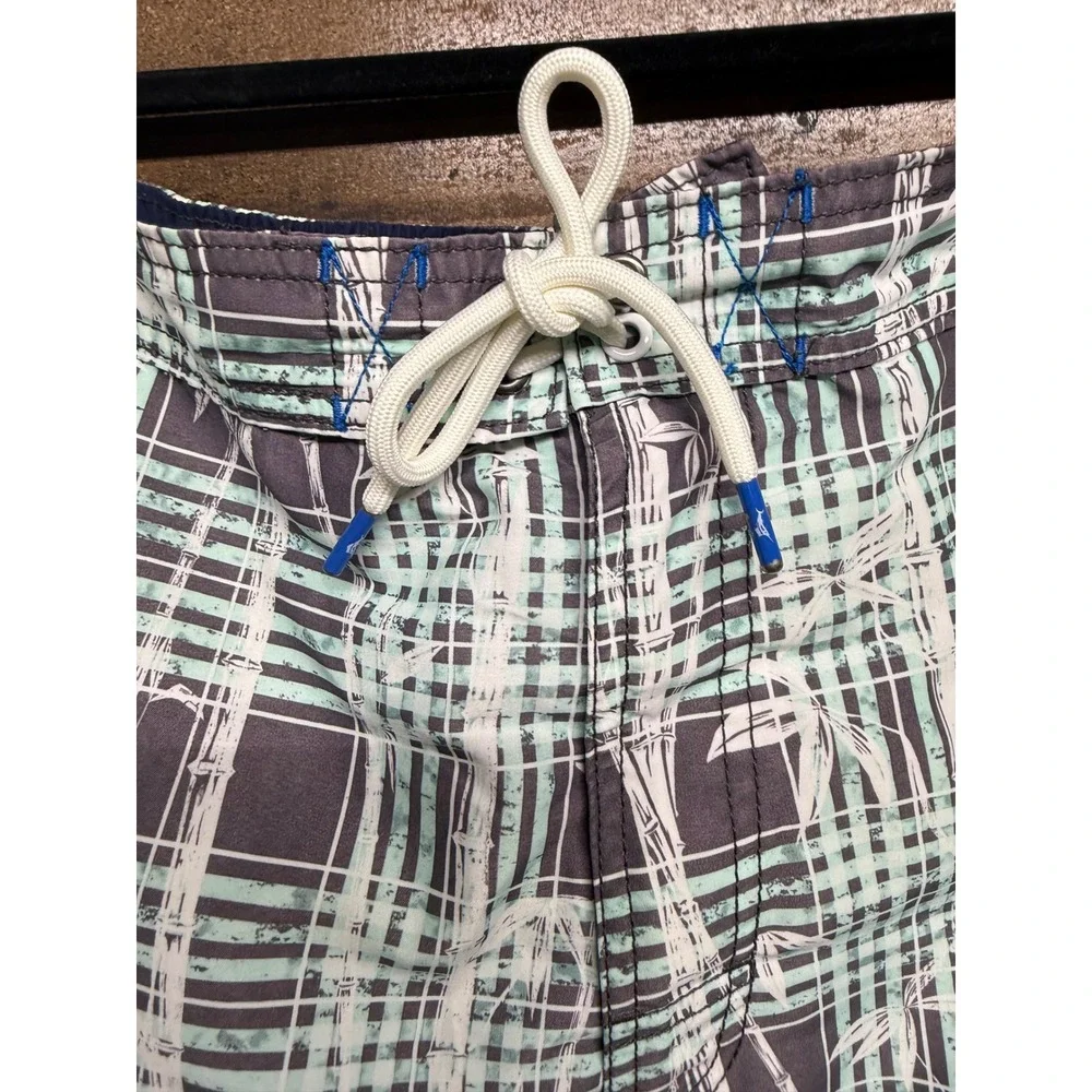 Tommy Bahama Mens‎ Plaid Bamboo Print Swim Trunks Grey Mint Green Board Shorts L